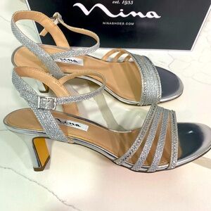 Nina Silver Glitter Strappy Block Heel Sandals